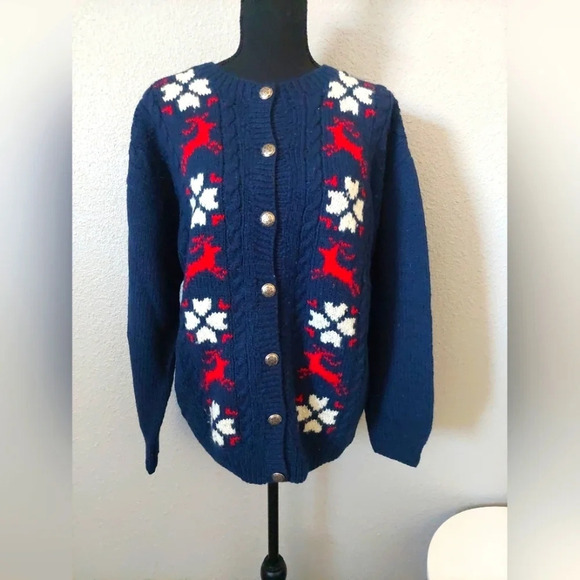Vintage Eddie Bauer Navy Blue Nordic Christmas Cardigan Sweater Cabincore